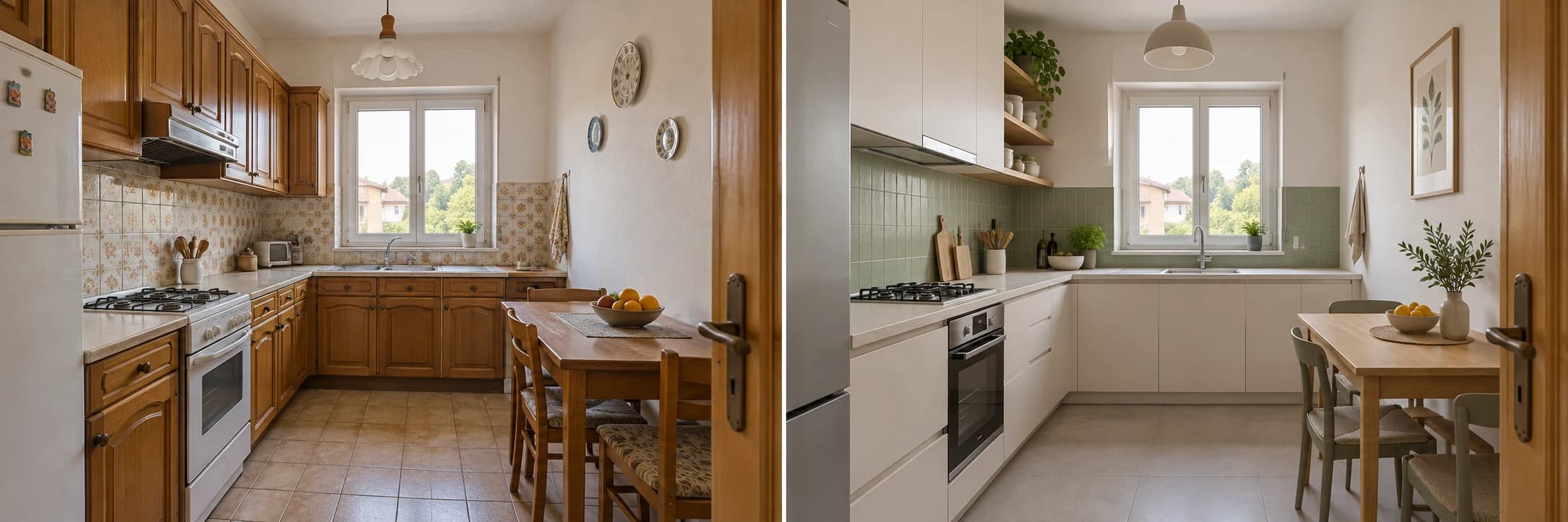 Idea di rinnovo di una cucina con nuove superfici, mobili e illuminazione