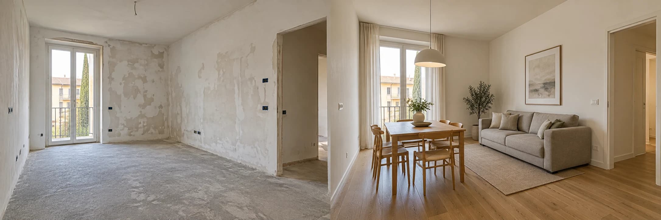 Idea di trasformazione di un appartamento, dallo spazio da completare agli interni arredati