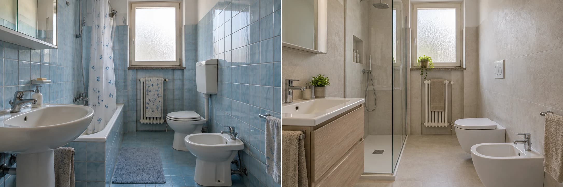 Idea prima e dopo per organizzare doccia, lavabo e sanitari in un bagno compatto